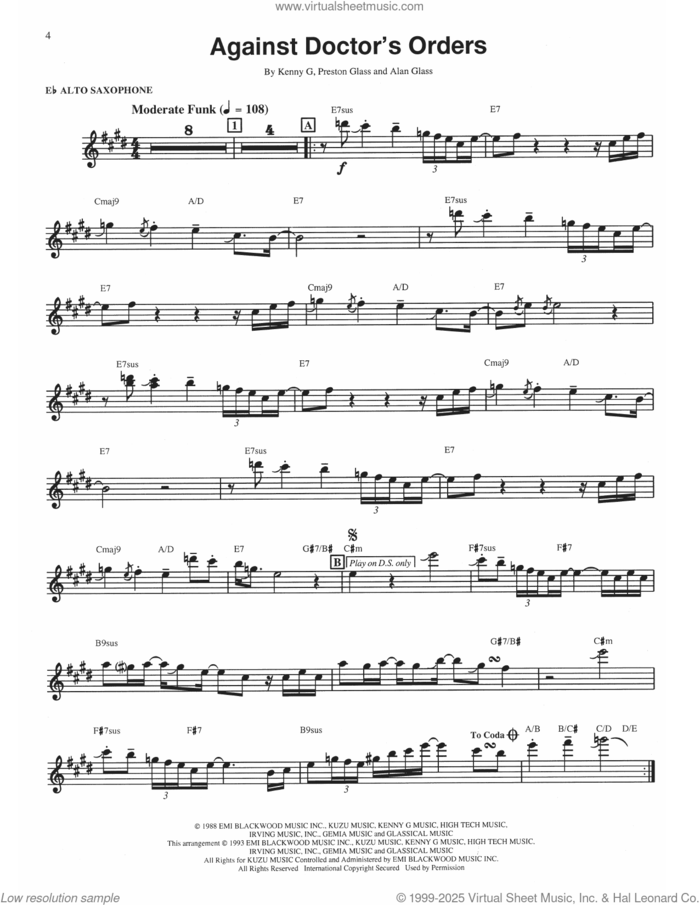 Against Doctor's Orders sheet music for alto saxophone (transcription) by Kenny G, Alan Glass and Preston Glass, intermediate skill level