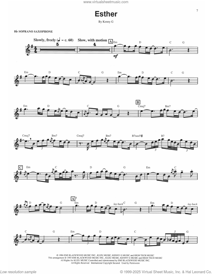 Esther sheet music for soprano saxophone solo (transcription) by Kenny G, intermediate soprano saxophone (transcription)