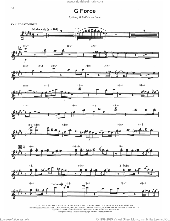 G Force sheet music for alto saxophone (transcription) by Kenny G, Mcclain and Sause, intermediate skill level