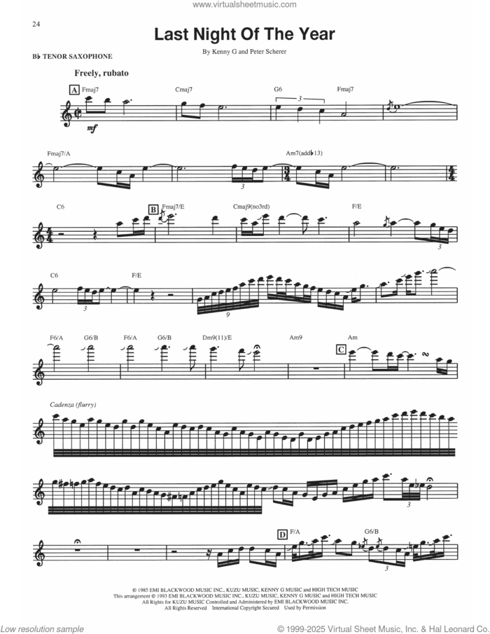 Last Night Of The Year sheet music for tenor saxophone solo (transcription) by Kenny G and Peter Scherer, intermediate tenor saxophone (transcription)
