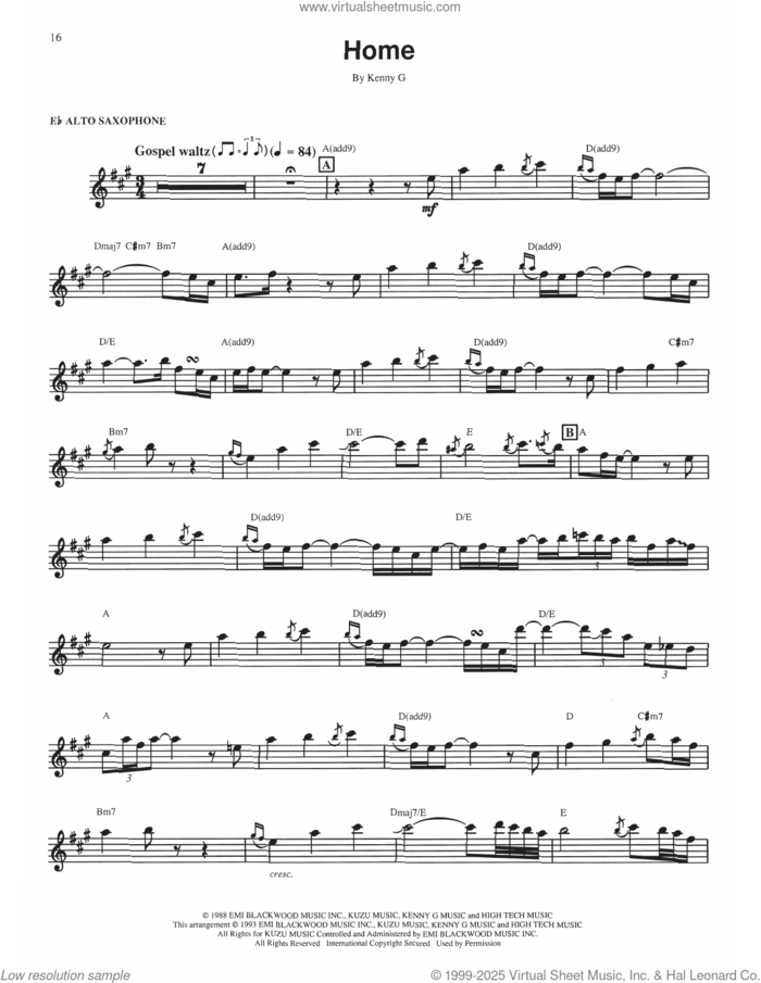 Home sheet music for alto saxophone (transcription) by Kenny G, intermediate skill level