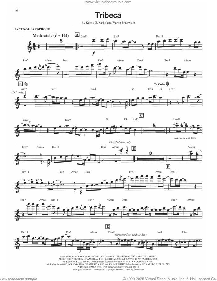 Tribeca sheet music for tenor saxophone solo (transcription) by Kenny G, Kashif and Wayne Brathwaite, intermediate tenor saxophone (transcription)