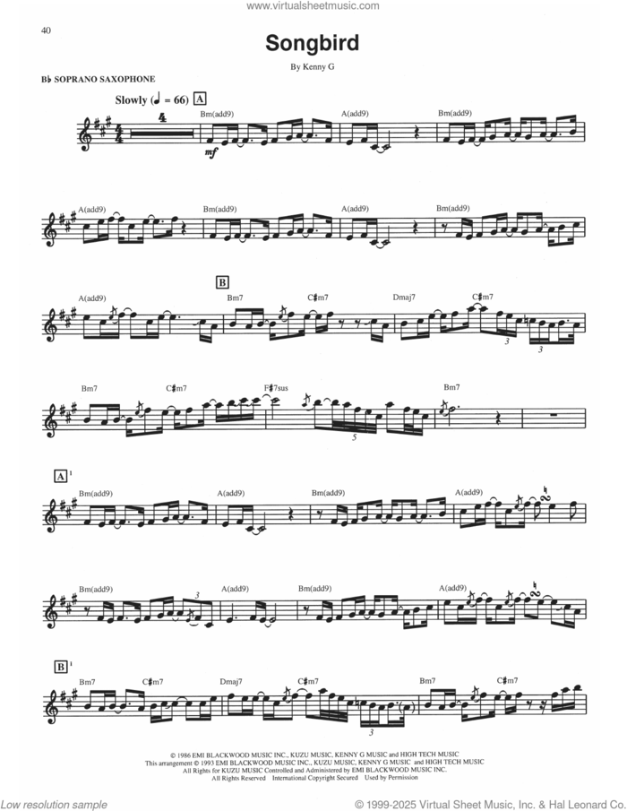 Songbird sheet music for soprano saxophone solo (transcription) by Kenny G, intermediate soprano saxophone (transcription)