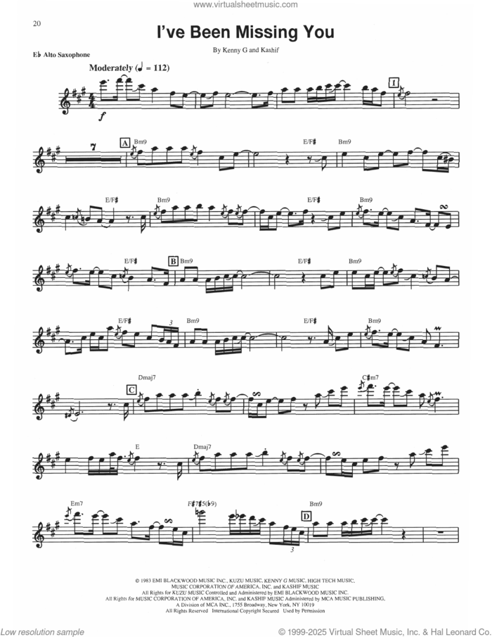 I've Been Missing You sheet music for alto saxophone (transcription) by Kenny G and Kashif, intermediate skill level