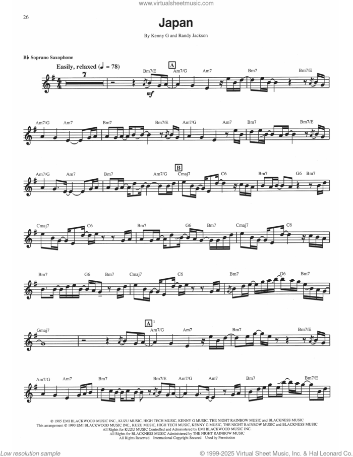 Japan sheet music for soprano saxophone solo (transcription) by Kenny G and Randy Jackson, intermediate soprano saxophone (transcription)