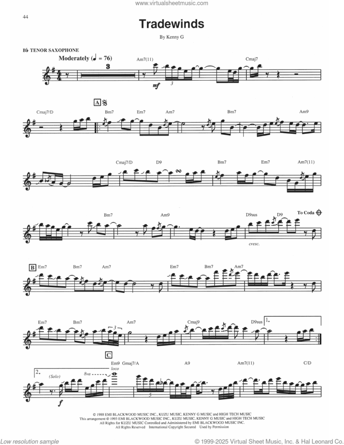 Tradewinds sheet music for tenor saxophone solo (transcription) by Kenny G, intermediate tenor saxophone (transcription)