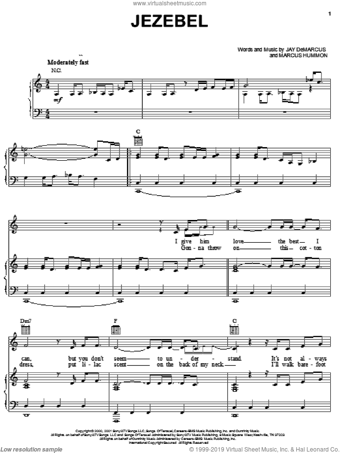 Jezebel sheet music for voice, piano or guitar by Chely Wright, Jay DeMarcus and Marcus Hummon, intermediate skill level