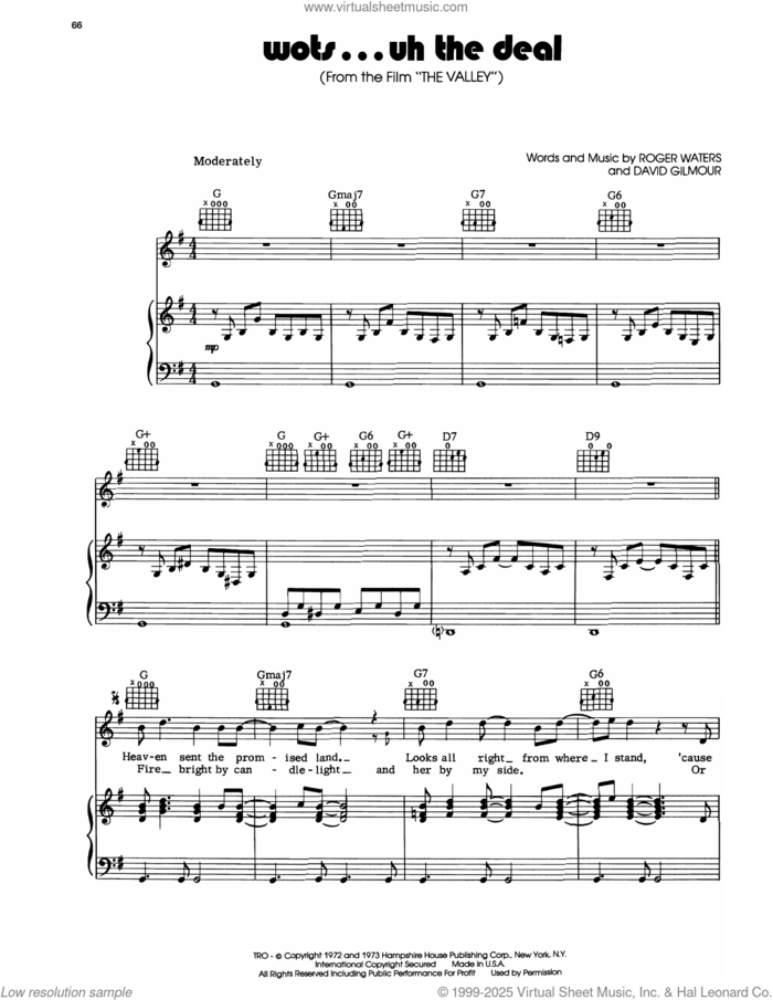 Wots...Uh The Deal sheet music for voice, piano or guitar by Pink Floyd, David Gilmour and Roger Waters, intermediate skill level