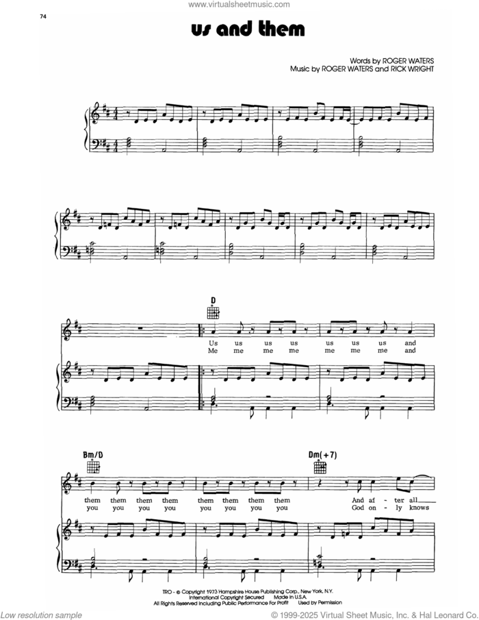 Us And Them sheet music for voice, piano or guitar by Pink Floyd, Richard Wright and Roger Waters, intermediate skill level