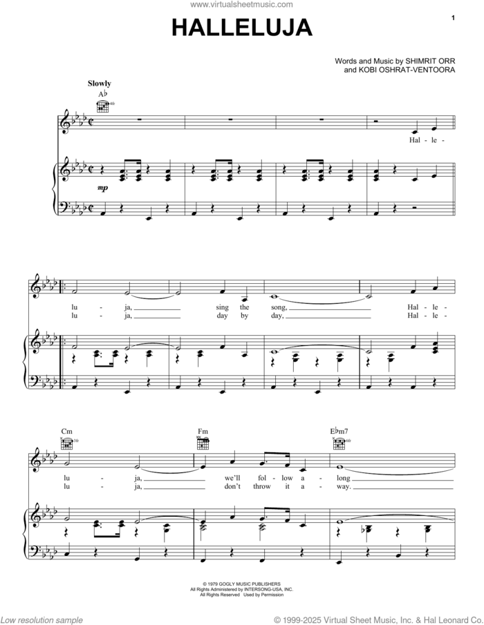Hallelujah sheet music for voice, piano or guitar by Shimrit Orr and Kobi Oshrat-Ventoora, intermediate skill level