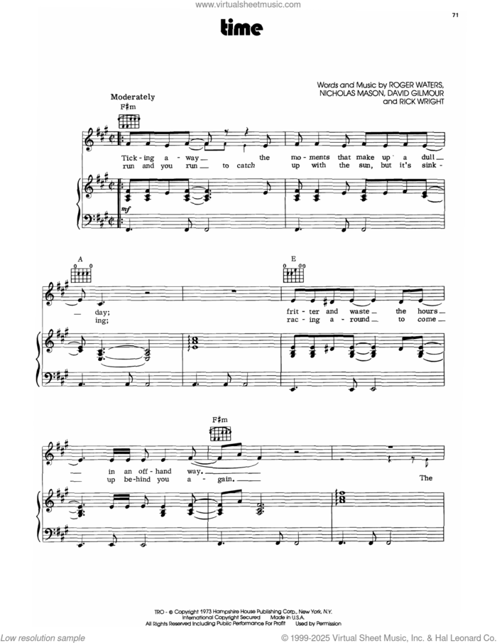 Time sheet music for voice, piano or guitar by Pink Floyd, David Gilmour, Nicholas Mason, Richard Wright and Roger Waters, intermediate skill level