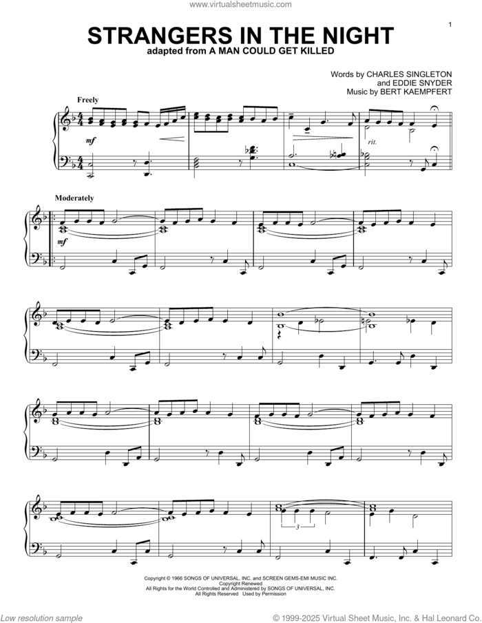 Strangers In The Night, (intermediate) sheet music for piano solo by Frank Sinatra, Bert Kaempfert, Charles Singleton and Eddie Snyder, intermediate skill level