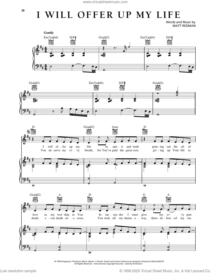 I Will Offer Up My Life sheet music for voice, piano or guitar by Matt Redman, intermediate skill level