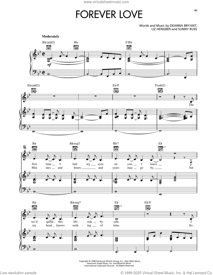 Forever Love sheet music for voice, piano or guitar by Reba McEntire, Deanna Bryant, Liz Hengber and Sunny Russ, intermediate skill level