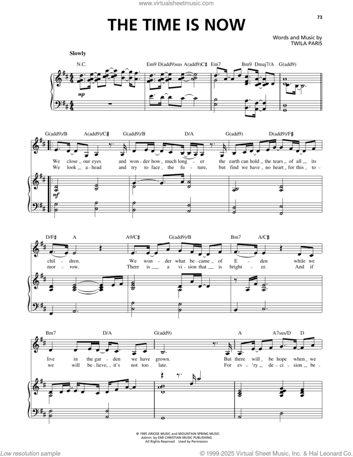 The Time Is Now sheet music for voice, piano or guitar by Twila Paris, intermediate skill level