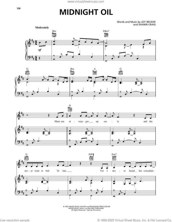Midnight Oil sheet music for voice, piano or guitar by Phillips, Craig & Dean, Joy Becker and Shawn Craig, intermediate skill level