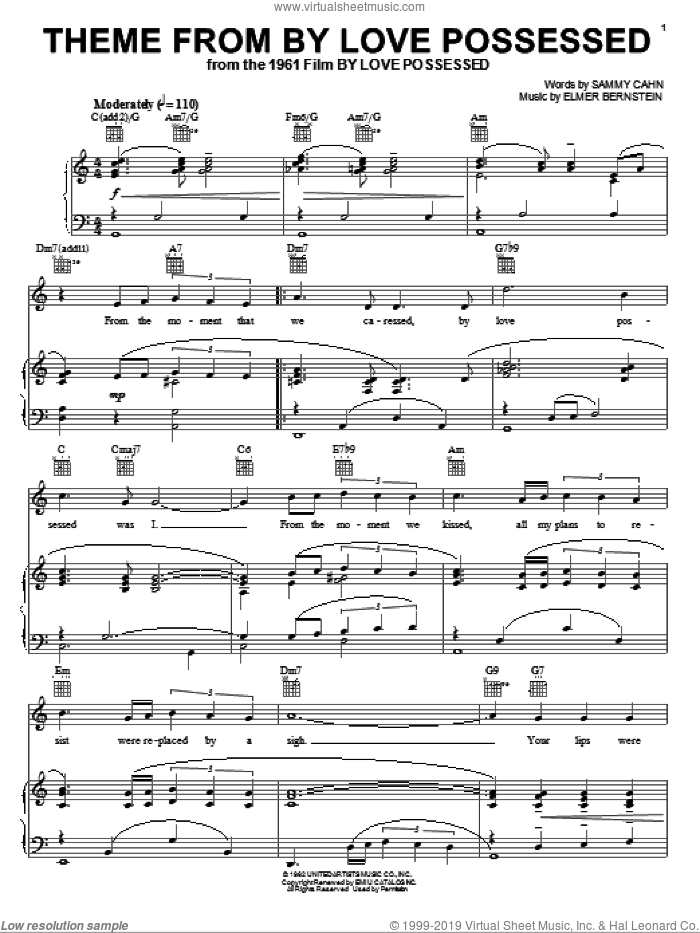 Theme from By Love Possessed sheet music for voice, piano or guitar by Elmer Bernstein and Sammy Cahn, intermediate skill level