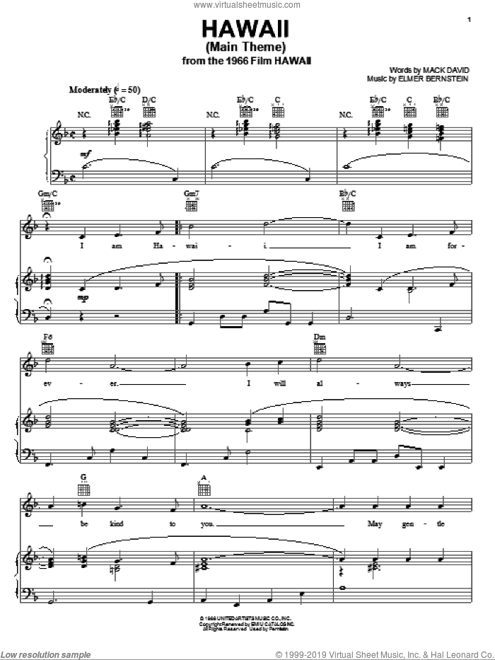 Hawaii (Main Theme) sheet music for voice, piano or guitar by Elmer Bernstein and Mack David, intermediate skill level