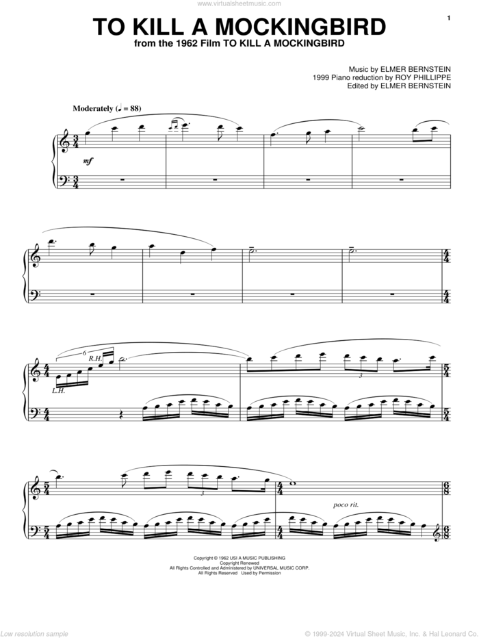 To Kill A Mockingbird, (intermediate) sheet music for piano solo by Elmer Bernstein, intermediate skill level