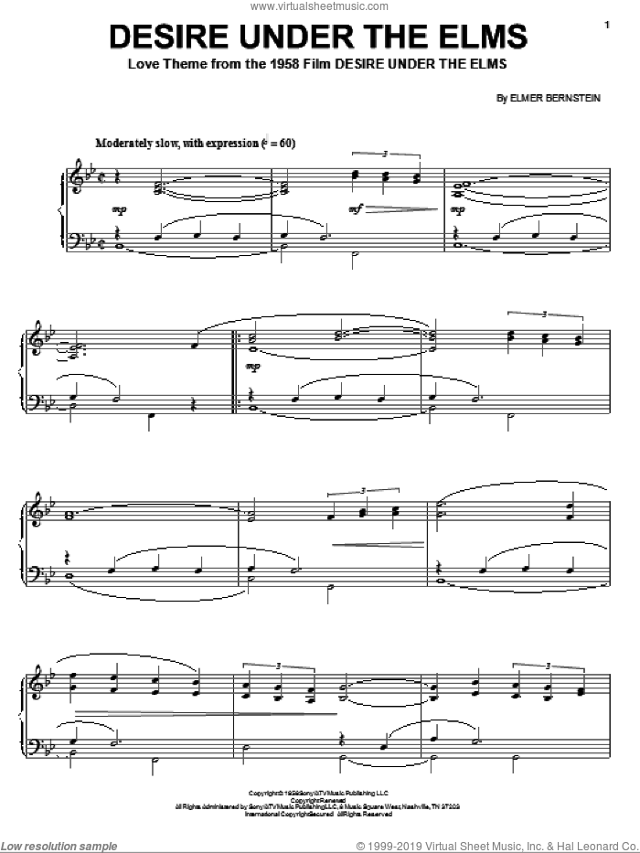Desire Under The Elms sheet music for piano solo by Elmer Bernstein, intermediate skill level