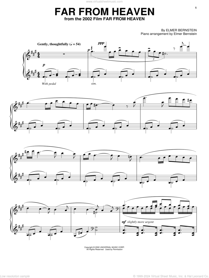 Far From Heaven sheet music for piano solo by Elmer Bernstein, intermediate skill level