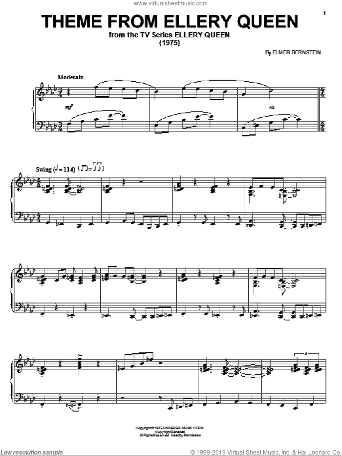 Theme from Ellery Queen sheet music for piano solo by Elmer Bernstein, intermediate skill level