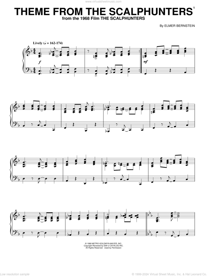 Theme from The Scalphunters sheet music for piano solo by Elmer Bernstein, intermediate skill level