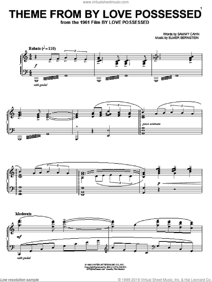 Theme from By Love Possessed sheet music for piano solo by Elmer Bernstein and Sammy Cahn, intermediate skill level