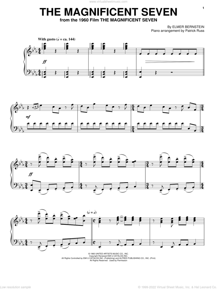The Magnificent Seven, (intermediate) sheet music for piano solo by Elmer Bernstein, intermediate skill level