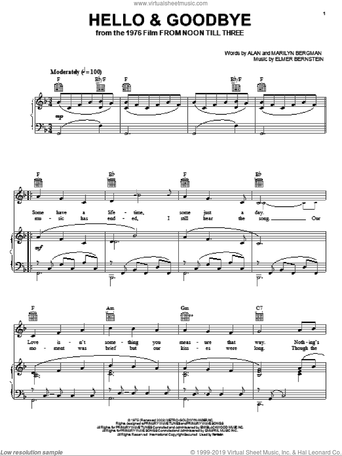 Hello and Goodbye sheet music for voice, piano or guitar by Elmer Bernstein, Alan Bergman and Marilyn Bergman, intermediate skill level