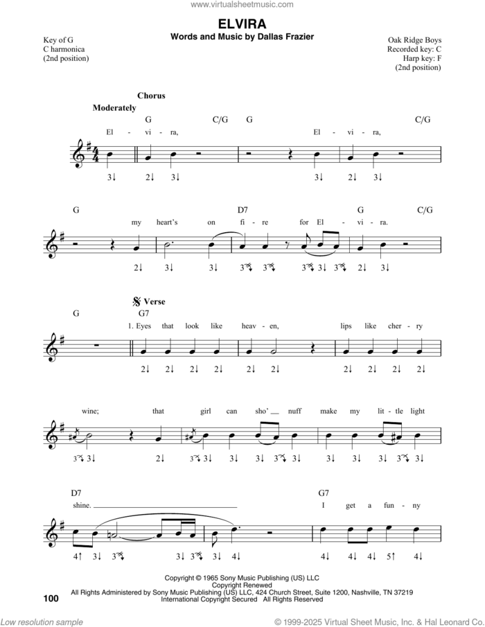 Elvira sheet music for harmonica solo by Oak Ridge Boys and Dallas Frazier, intermediate skill level
