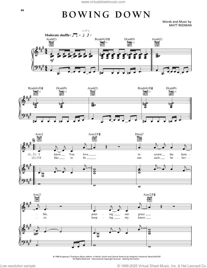 Bowing Down sheet music for voice, piano or guitar by Matt Redman, intermediate skill level