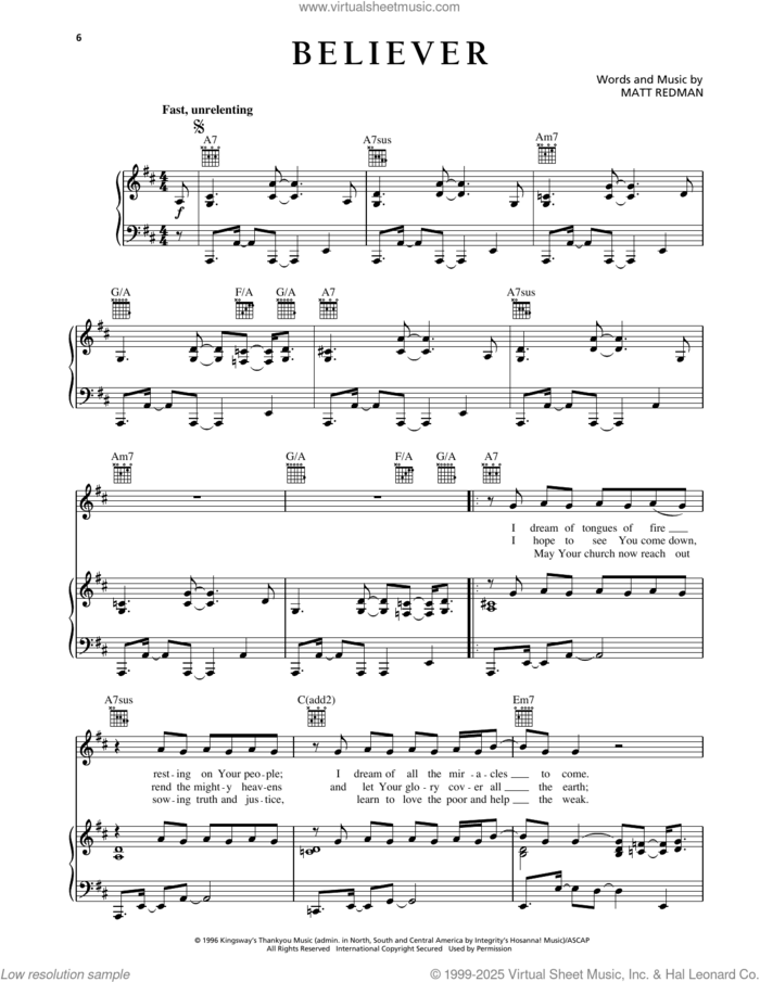Believer sheet music for voice, piano or guitar by Matt Redman, intermediate skill level