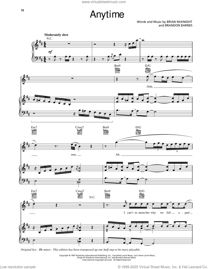Anytime sheet music for voice, piano or guitar by Brian McKnight and Brandon Barnes, intermediate skill level