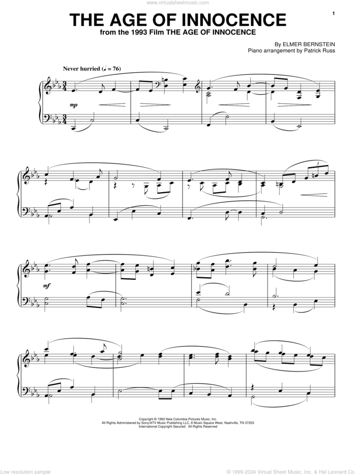 The Age Of Innocence sheet music for piano solo by Elmer Bernstein, intermediate skill level