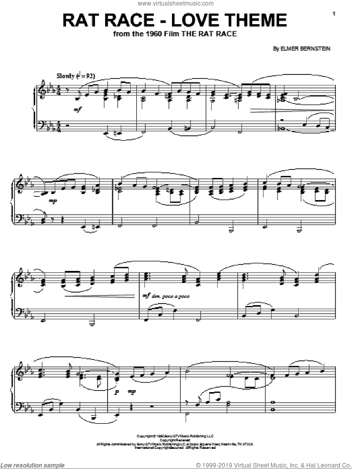 Rat Race - Love Theme sheet music for piano solo by Elmer Bernstein, intermediate skill level