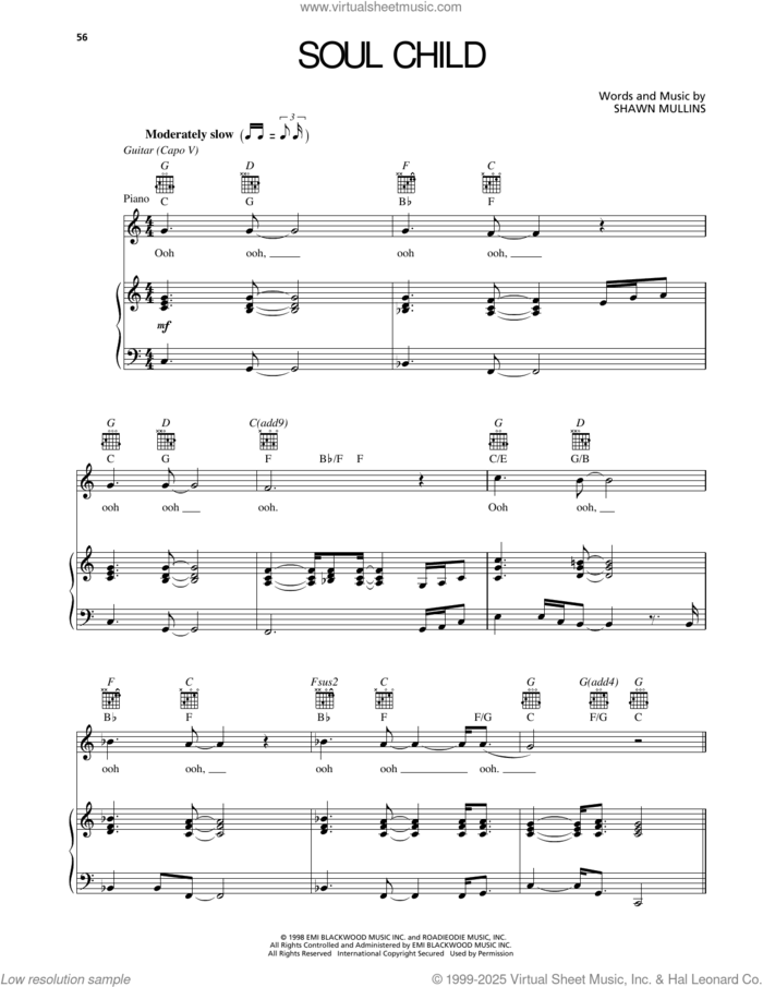 Soul Child sheet music for voice, piano or guitar by Shawn Mullins, intermediate skill level