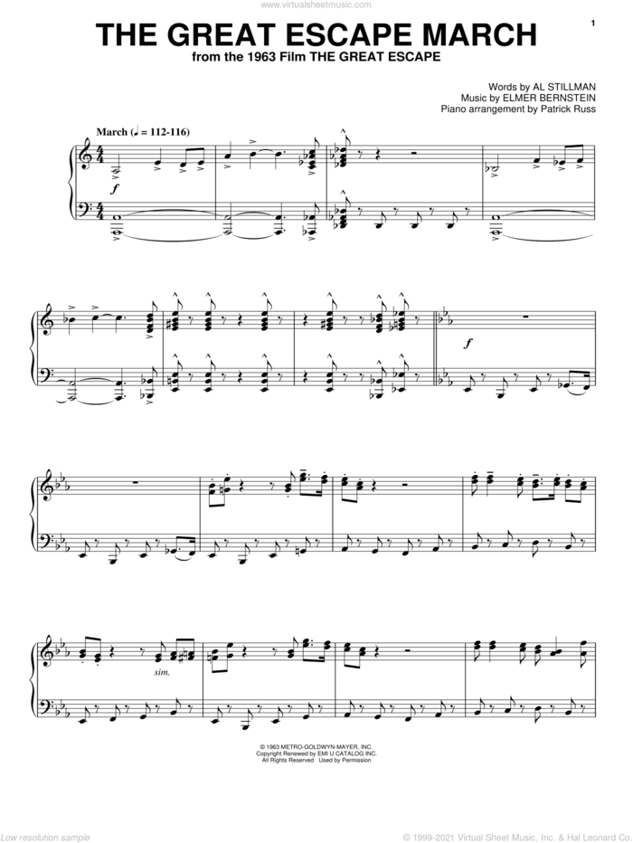 The Great Escape March sheet music for piano solo by Elmer Bernstein and Al Stillman, intermediate skill level