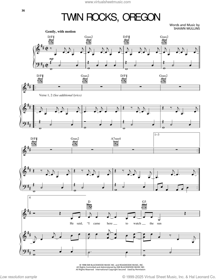 Twin Rocks, Oregon sheet music for voice, piano or guitar by Shawn Mullins, intermediate skill level