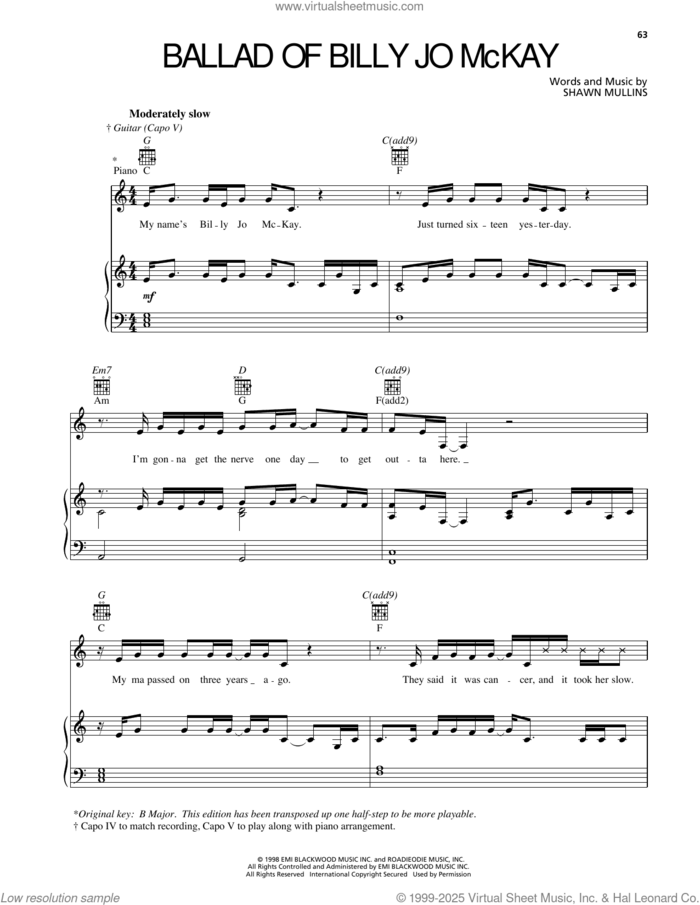 Ballad Of Billy Jo McKay sheet music for voice, piano or guitar by Shawn Mullins, intermediate skill level