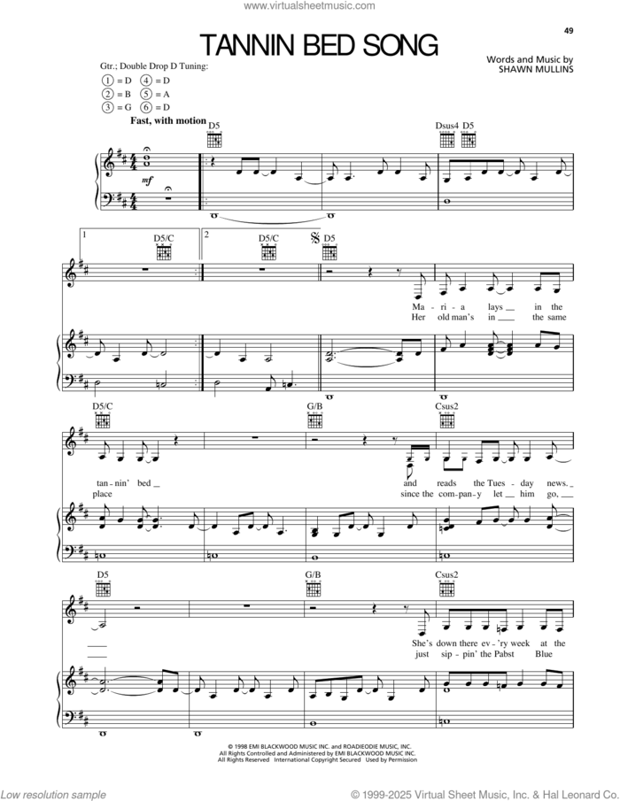 Tannin Bed Song sheet music for voice, piano or guitar by Shawn Mullins, intermediate skill level