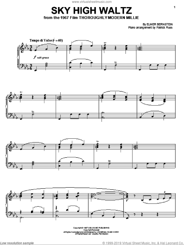 Sky High Waltz sheet music for piano solo by Elmer Bernstein, intermediate skill level