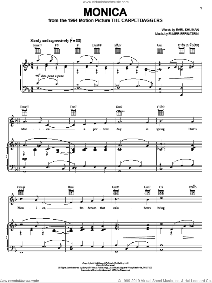 Monica sheet music for voice, piano or guitar by Elmer Bernstein and Earl Shuman, intermediate skill level