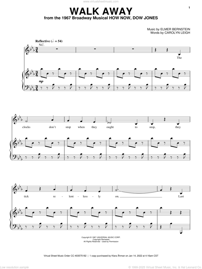 Walk Away sheet music for voice, piano or guitar by Elmer Bernstein and Carolyn Leigh, intermediate skill level