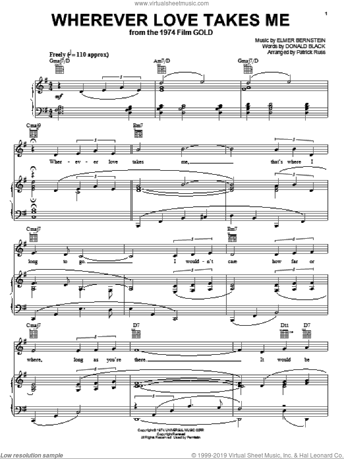 Wherever Love Takes Me sheet music for voice, piano or guitar by Elmer Bernstein and Don Black, intermediate skill level