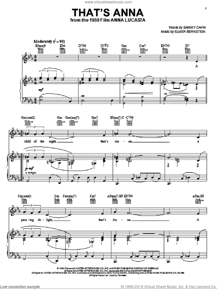 That's Anna sheet music for voice, piano or guitar by Elmer Bernstein and Sammy Cahn, intermediate skill level