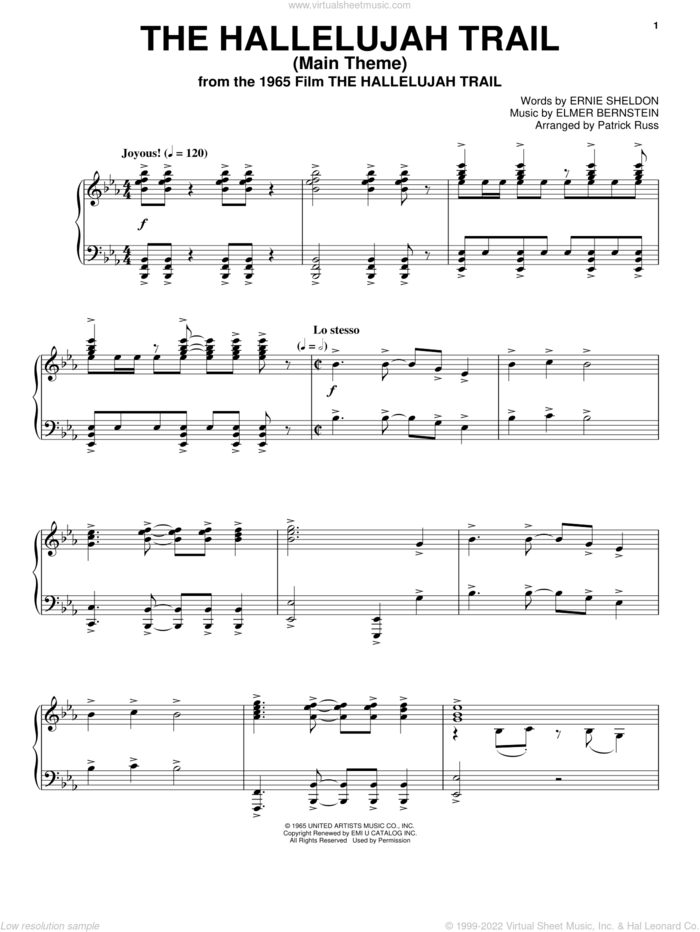 The Hallelujah Trail (Main Theme) sheet music for voice, piano or guitar by Elmer Bernstein and Ernie Sheldon, intermediate skill level