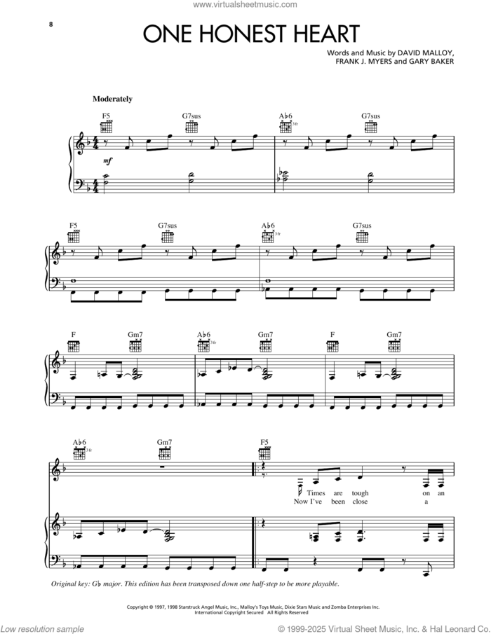 One Honest Heart sheet music for voice, piano or guitar by Reba McEntire, David Malloy, Frank J. Myers and Gary Baker, intermediate skill level