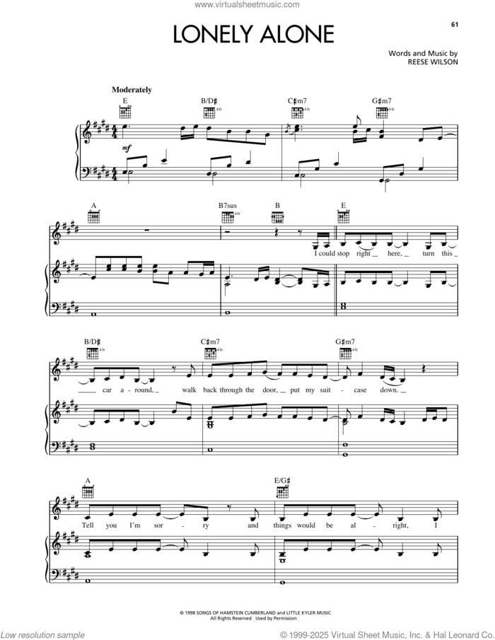 Lonely Alone sheet music for voice, piano or guitar by Reba McEntire and Reese Wilson, intermediate skill level