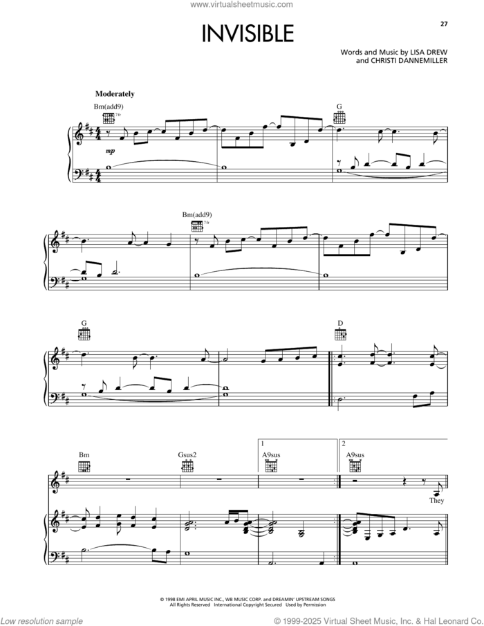 Invisible sheet music for voice, piano or guitar by Reba McEntire, Christi Dannemiller and Lisa Drew, intermediate skill level